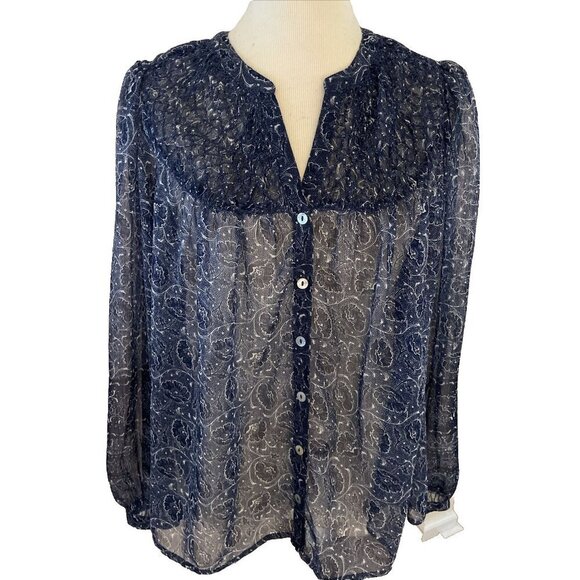 Lucky Brand Womens Peasant Blouse Tunic Size S Button Front Smocked Boho Navy - Picture 1 of 12